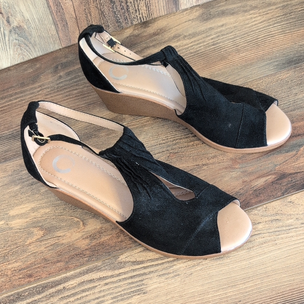 Journee Collection Black Suede Peep-Toe Wedge Sandals